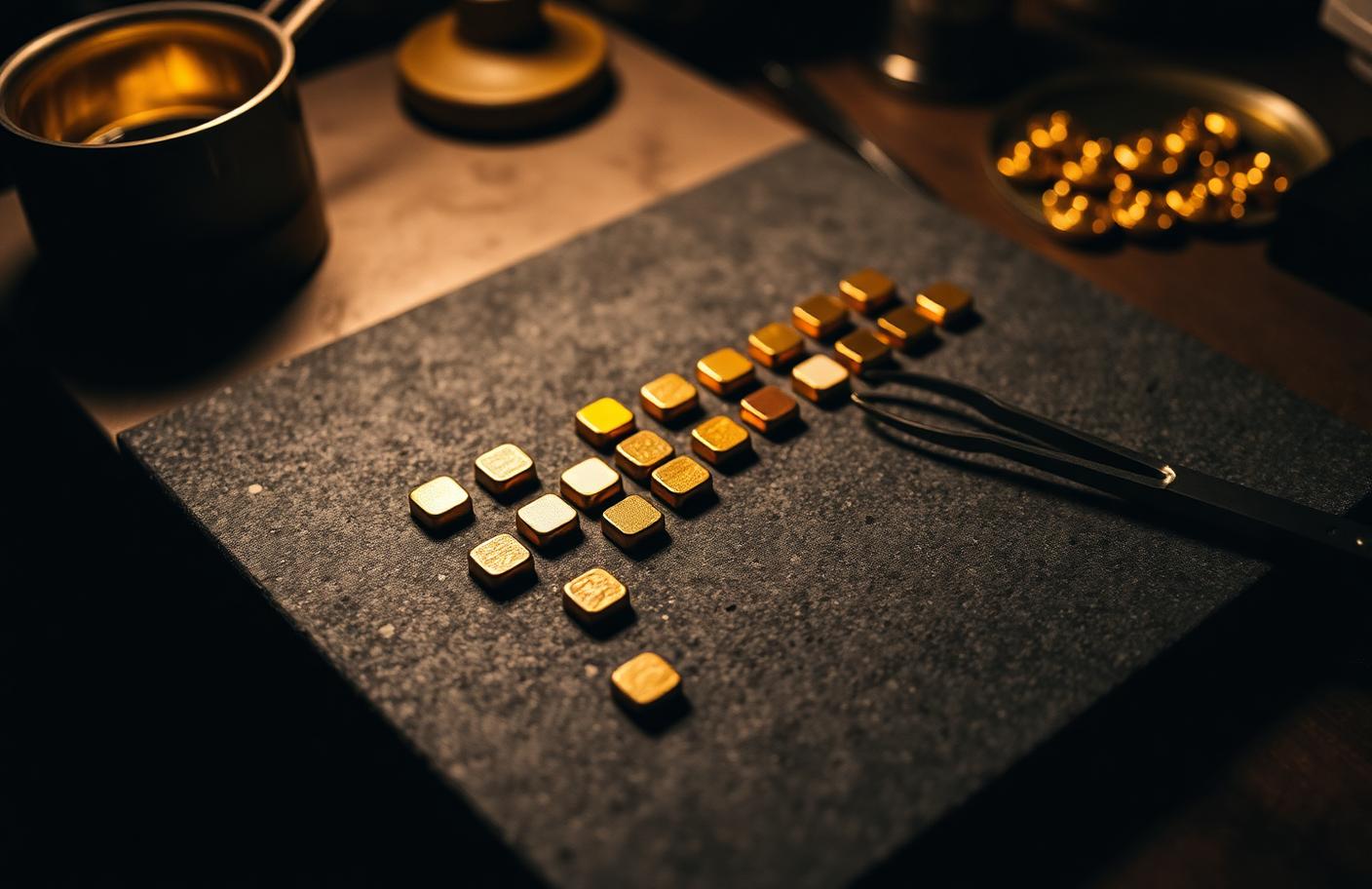 Rows of small gold alloy sample ingots in rose, yellow and pale white tones on a grey stone slab beside a crucible and tweezers