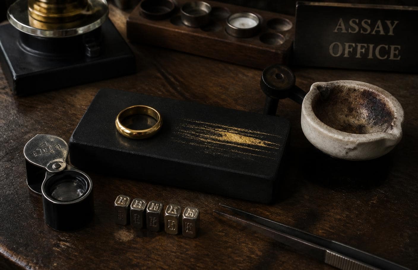 Assay office bench with touchstone, loupe, hallmark punches and a fire-assay cupel