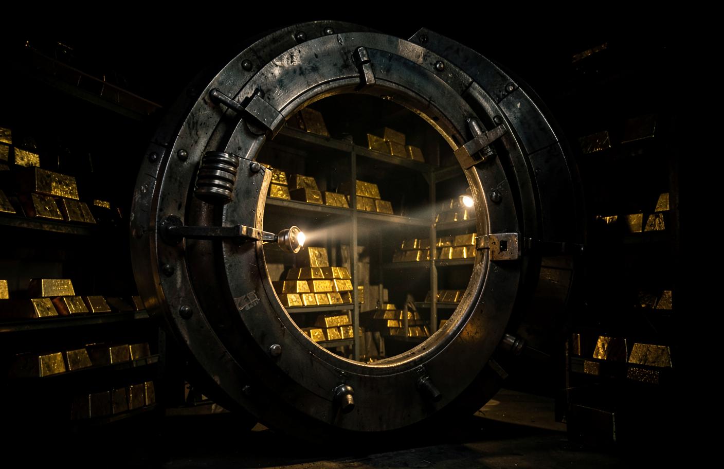 A massive circular steel vault door ajar, gold bars stacked on shelves inside, lit by a single inspector's lamp beam in the darkness