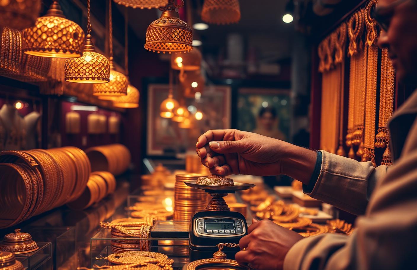 Warmly lit jewellery shop counter stacked with 22-karat bangles as a piece is weighed on a small scale