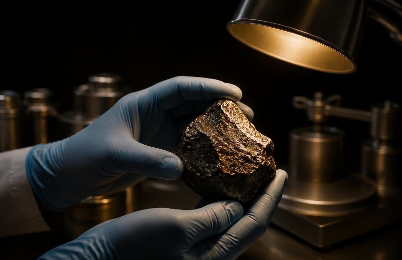 Gloved hands holding a dark iron meteorite fragment under a single warm laboratory lamp