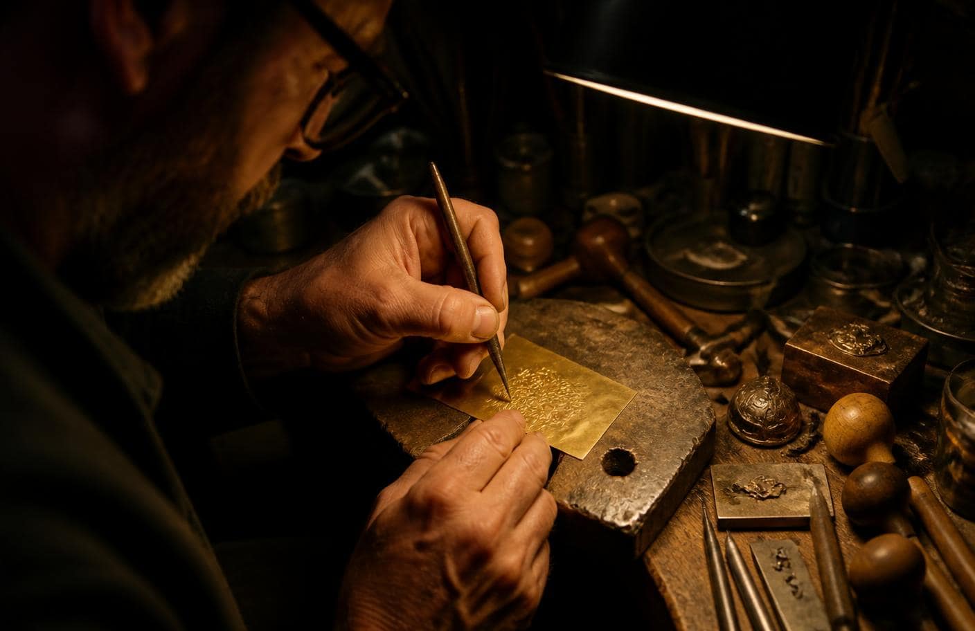 A goldsmith's hands engraving a thin sheet of gold at a workbench