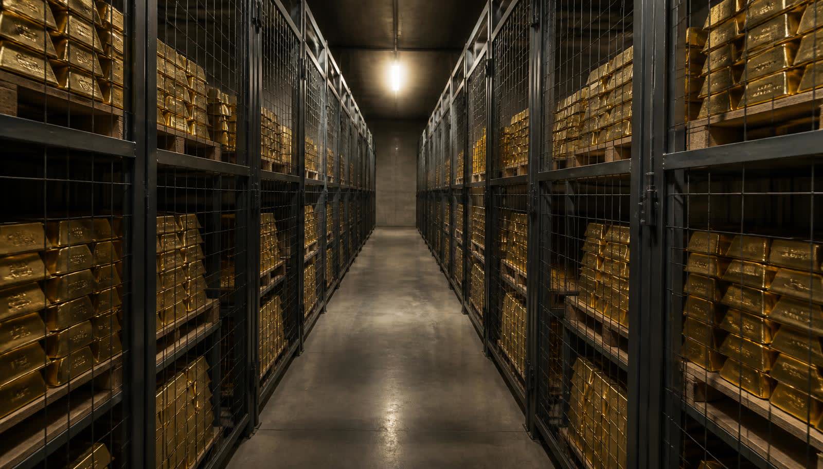 Rows of gold bars stacked on wooden pallets inside a dimly lit vault chamber with a caged security gate