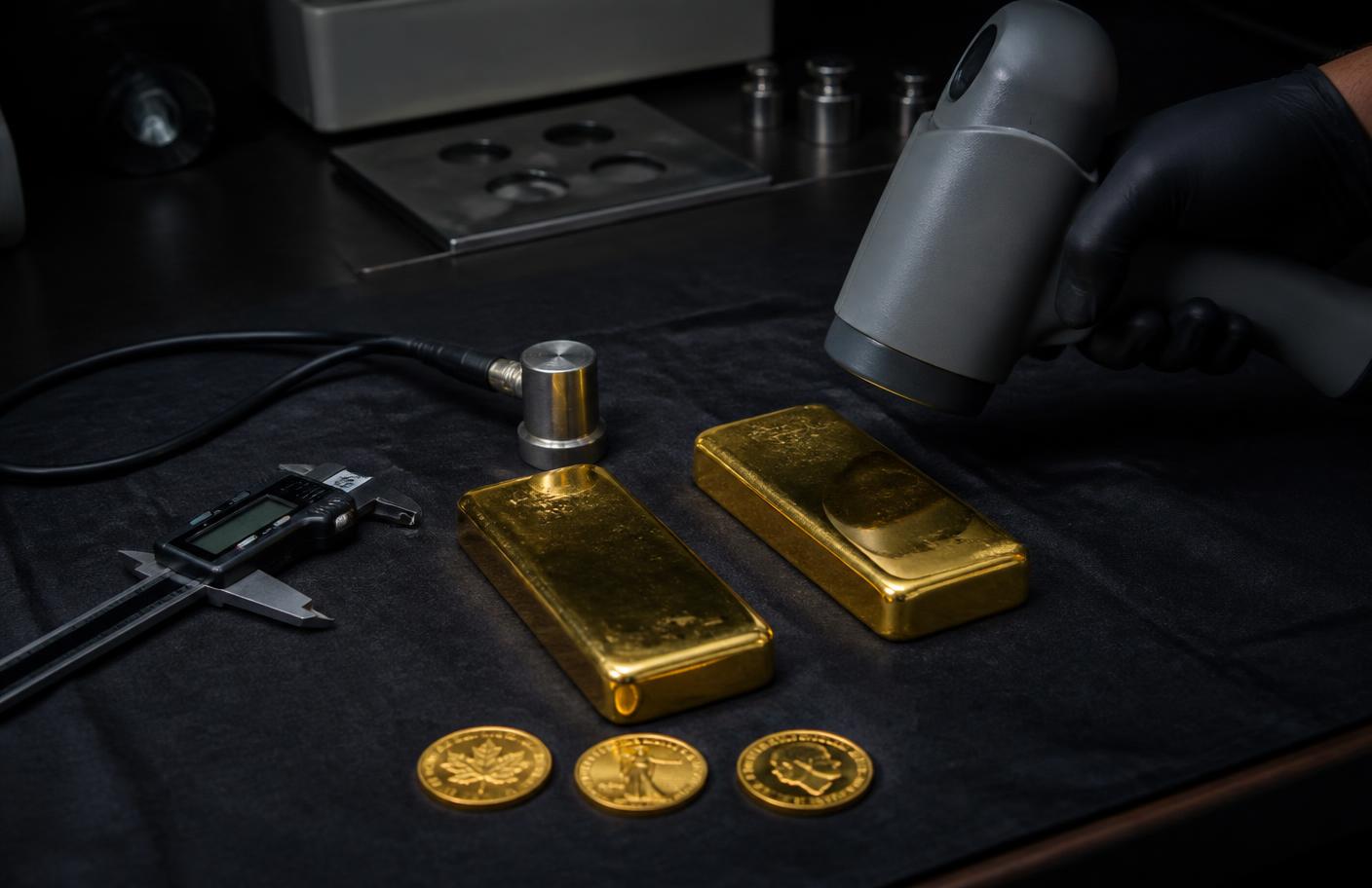 Authentication bench with digital calipers, an ultrasonic probe and a handheld analyser beside gold bars and coins