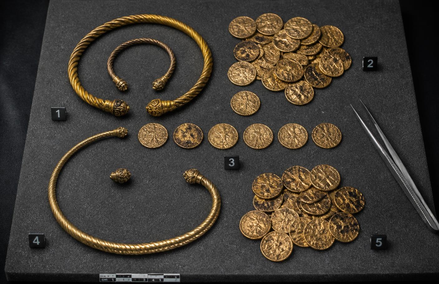 An excavated hoard of gold coins and torcs laid out on grey museum foam with numbered labels and conservator's tweezers