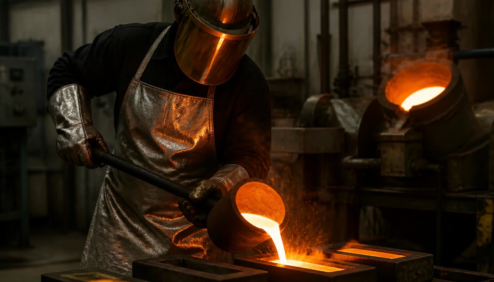Molten gold being poured from a crucible into a mould inside an industrial refinery, glowing orange against dark machinery