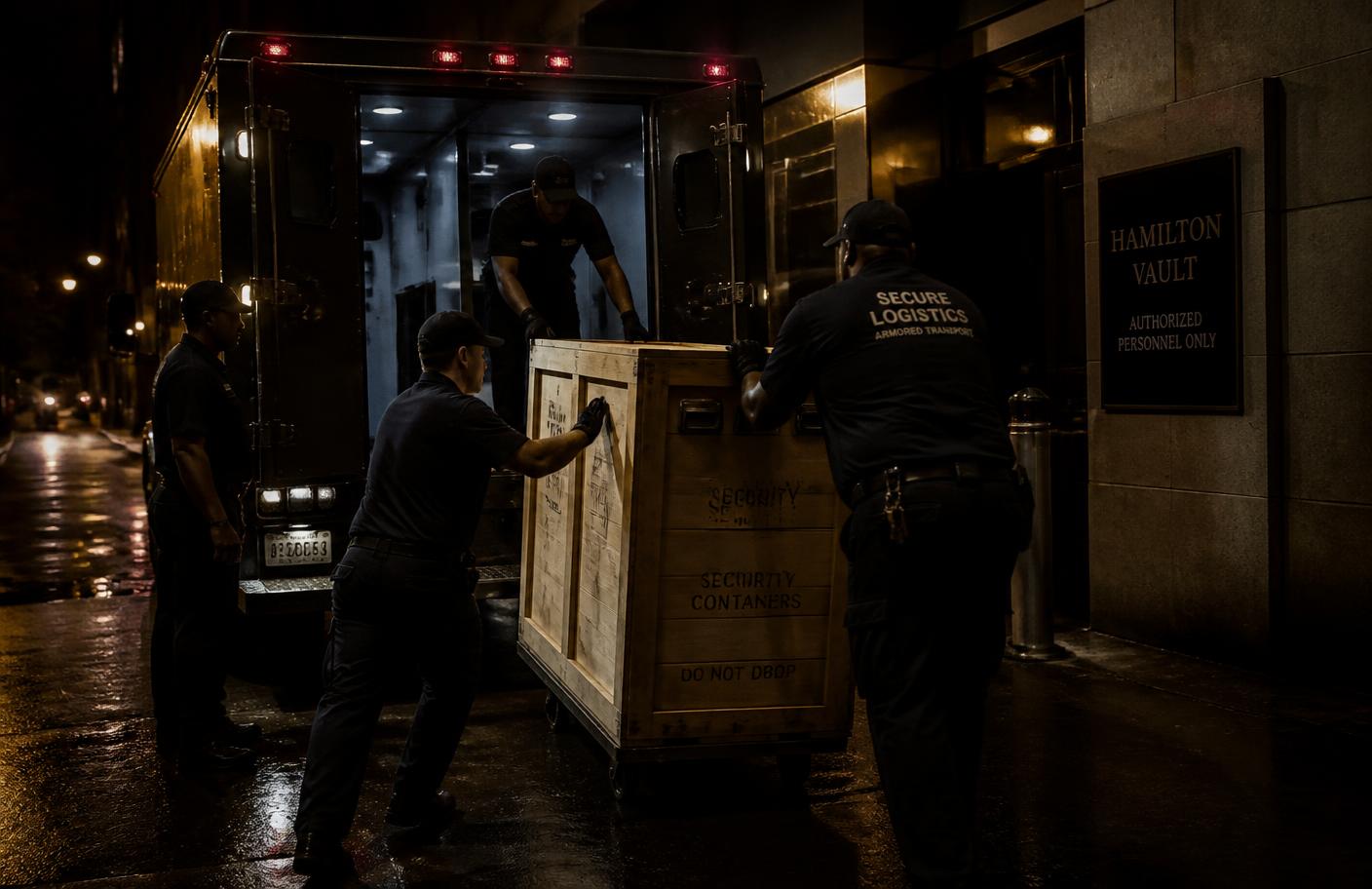 Security crew loading sealed containers into an armoured truck at night outside a vault entrance