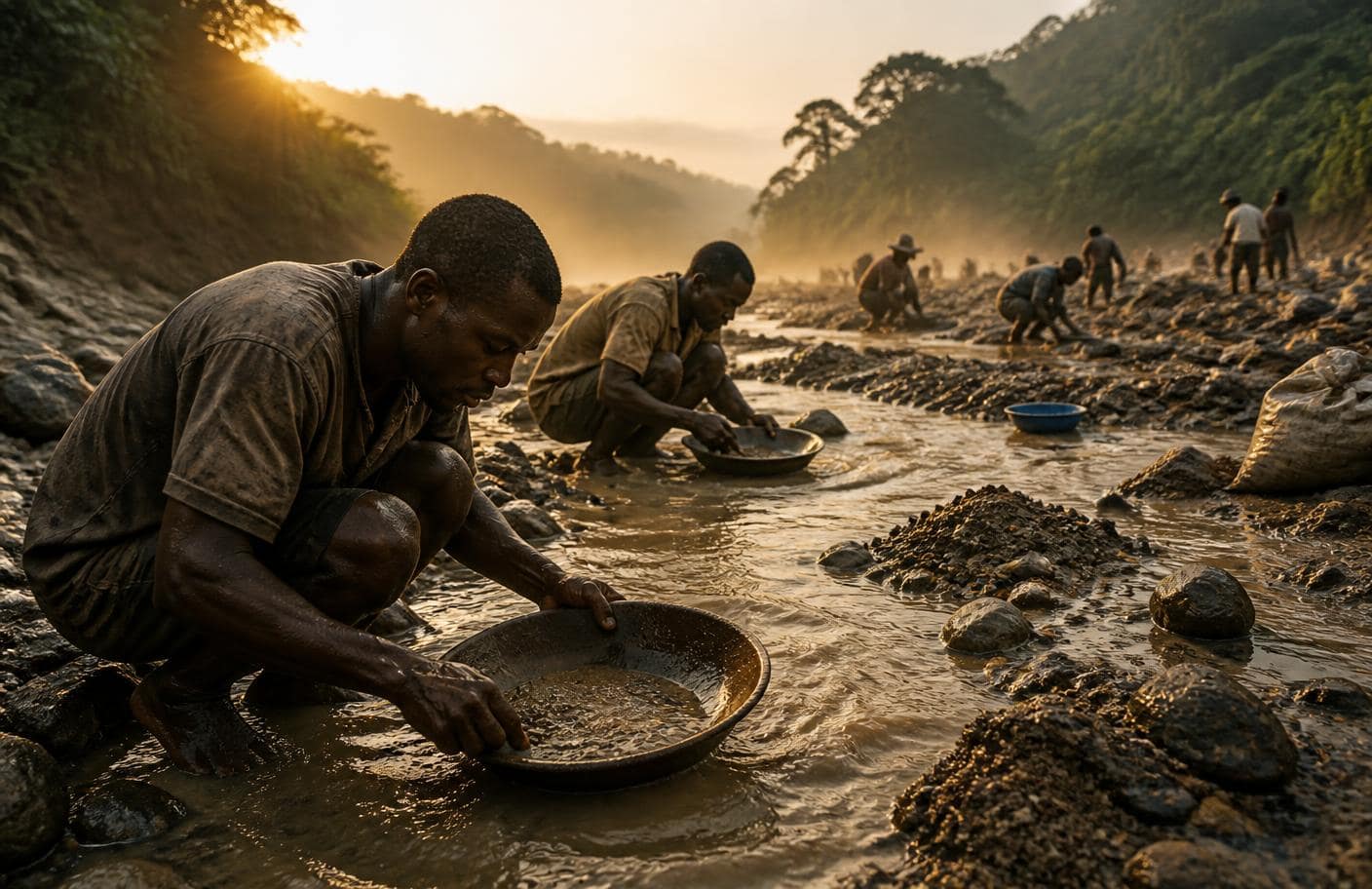 Artisanal miners panning for gold in a river valley at dawn