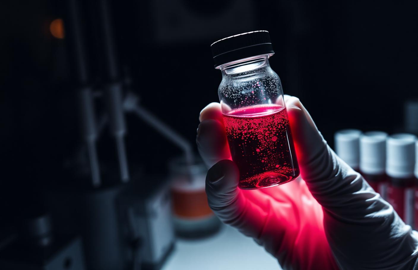 Gloved hand holding a glass vial of deep ruby-red colloidal gold suspension in a dark laboratory