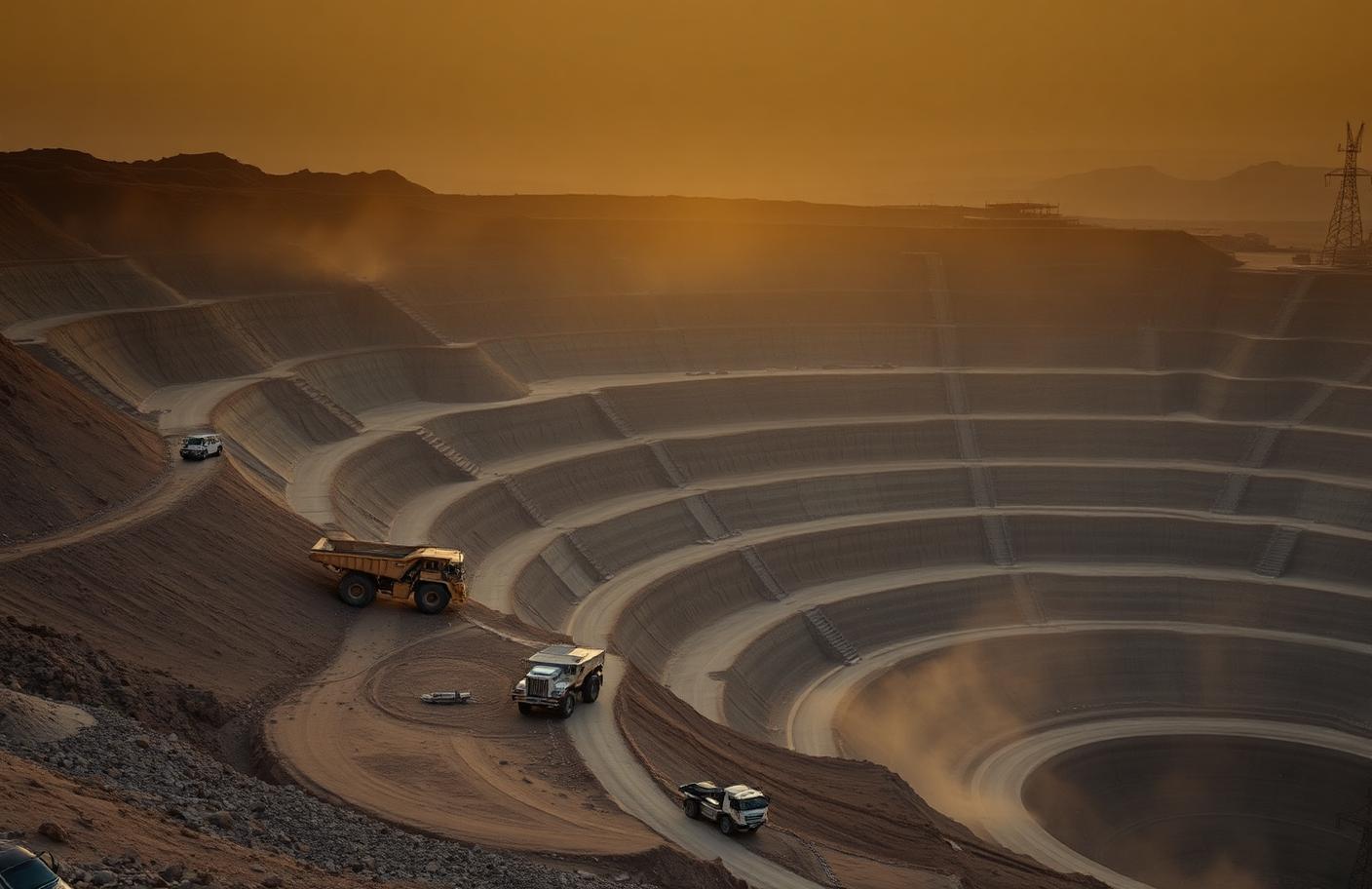 Terraced benches of a large open-pit gold mine at dusk with haul trucks on the ramp