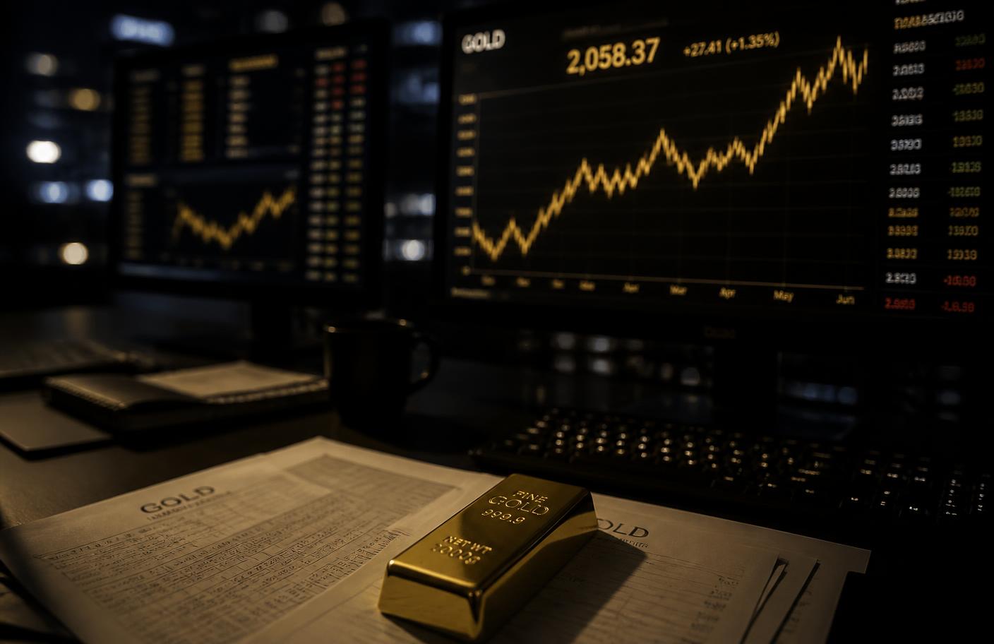 A single fine gold bar resting on printed vault statements in front of dark trading screens showing a gold price chart