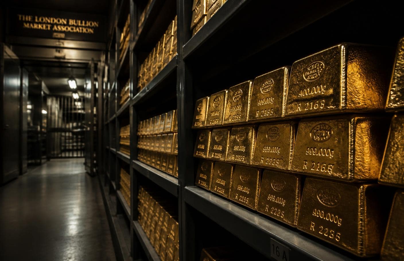 Stacked 400-ounce Good Delivery gold bars on steel shelving in a London bullion vault