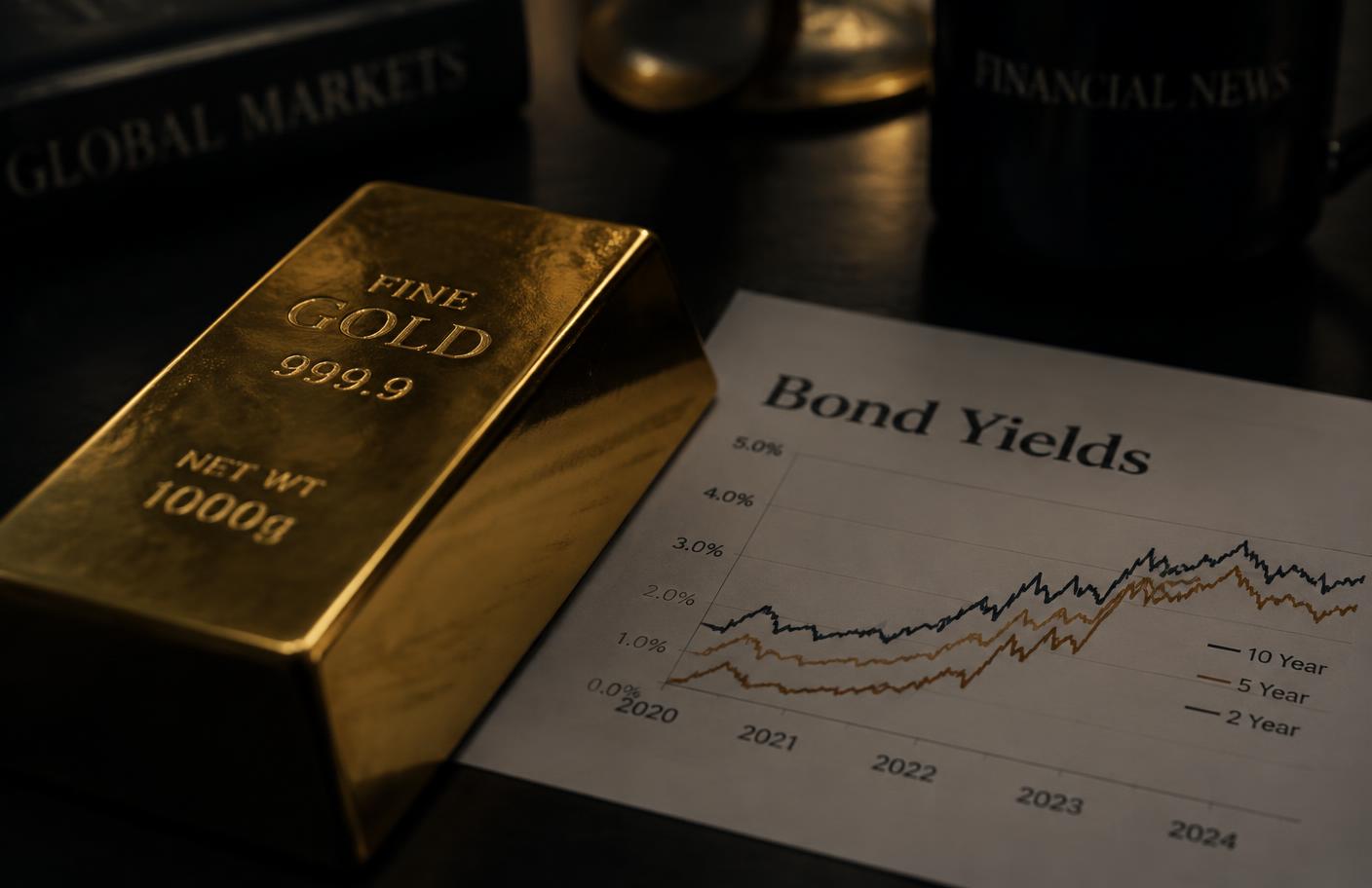A one-kilogram fine gold bar resting beside a printed bond yield chart on a dark desk in low light