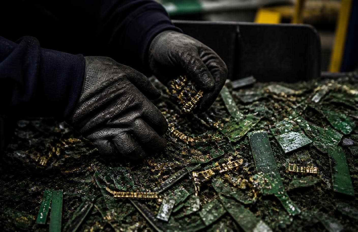 Gloved hands sorting shredded circuit boards with gold-plated connector pins