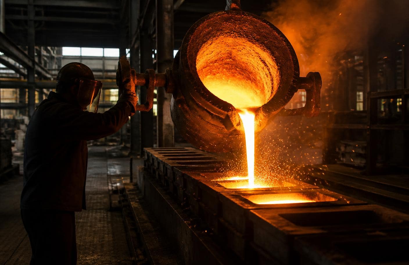Molten gold poured from a crucible into ingot moulds inside a refinery