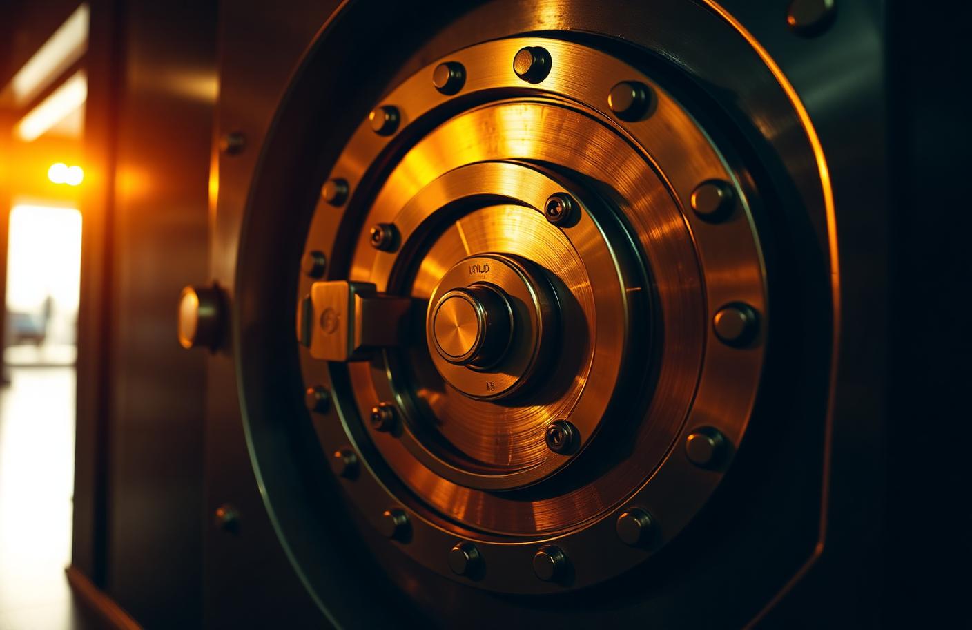 Polished steel and brass vault door of a central bank gold reserve, lit from one side