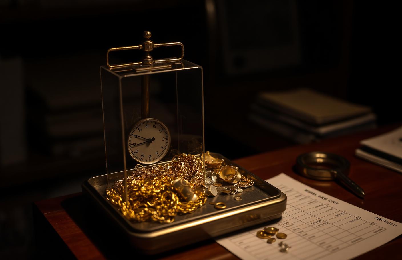 Precision balance holding a tangle of broken gold chains and single earrings in a weighing tray, with a loupe and paper docket on a dark desk