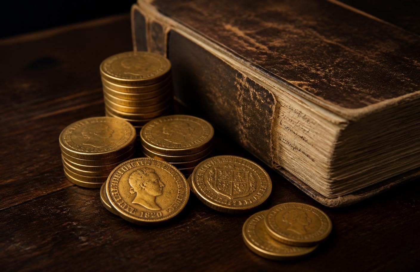 Antique gold coins stacked beside a worn leather ledger on dark wood