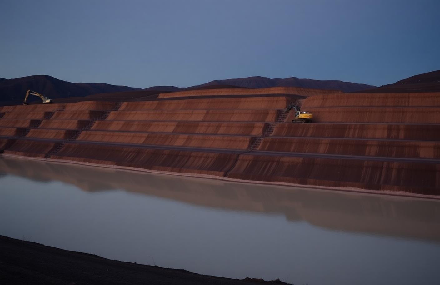 Terraced tailings storage embankment beside a still pale pond at dusk, with dark hills behind and a single excavator for scale
