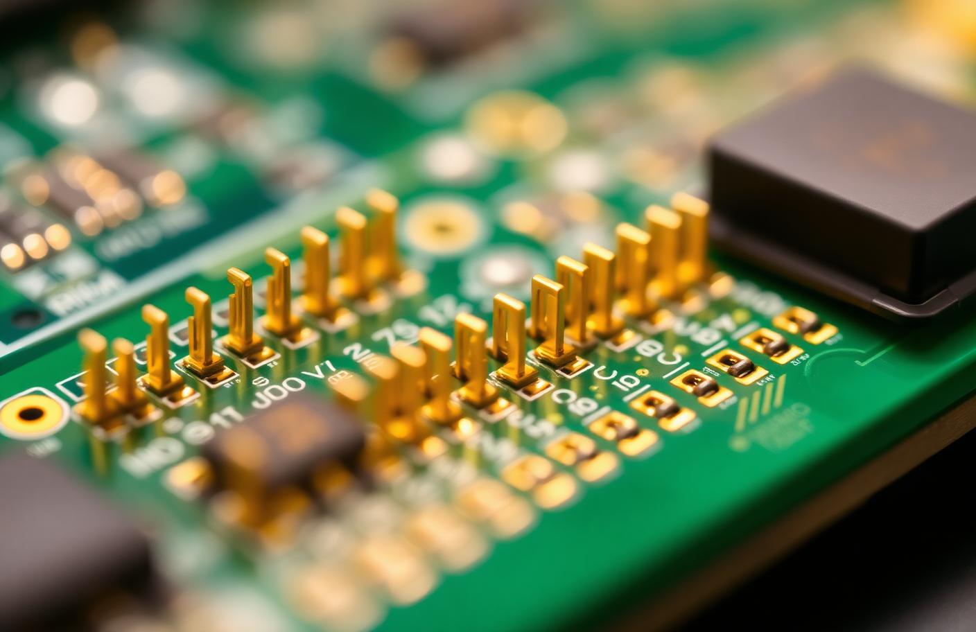 Macro photograph of gold-plated connector pins and contacts on a green circuit board
