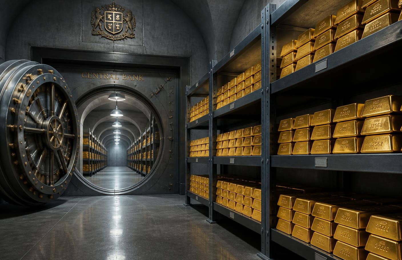Rows of gold bullion bars on steel shelving inside a central bank vault