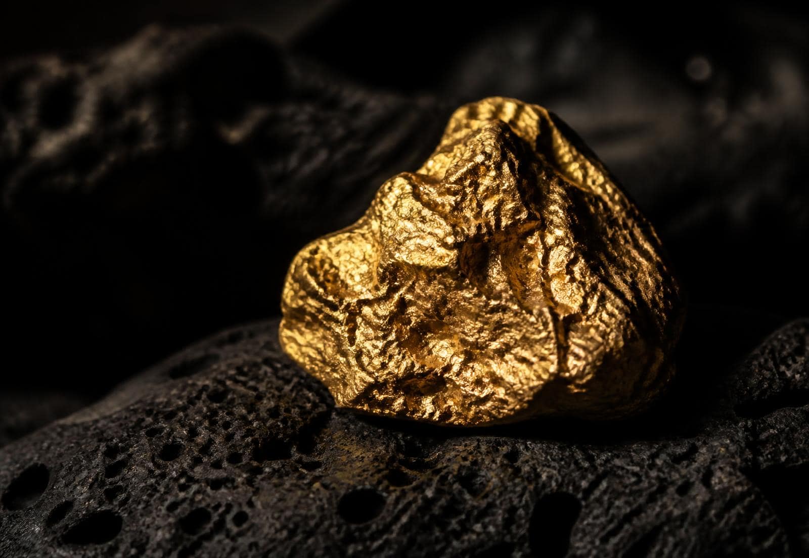 A rough gold nugget lit by a single raking light on black volcanic stone